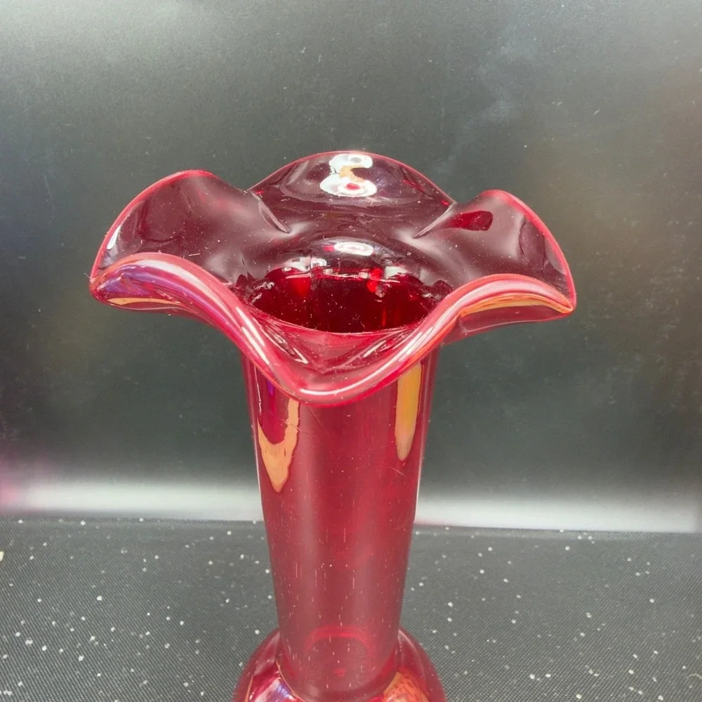Vintage Ruby Red Crackle Art Glass Bud Vase Ruffled‎ Rim Clear Base 1990s Vase